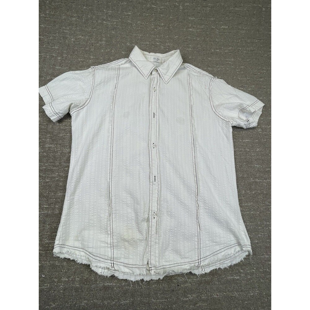 Vintage 90s Rave Shirt Men Large L  Short Sleeve Pop Icon Textured White Frayed